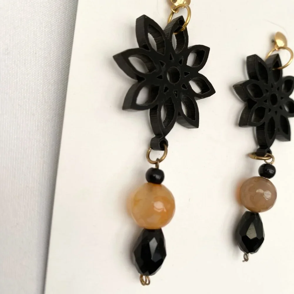 Black Acrylic Earrings with Agate and Murano Crystals